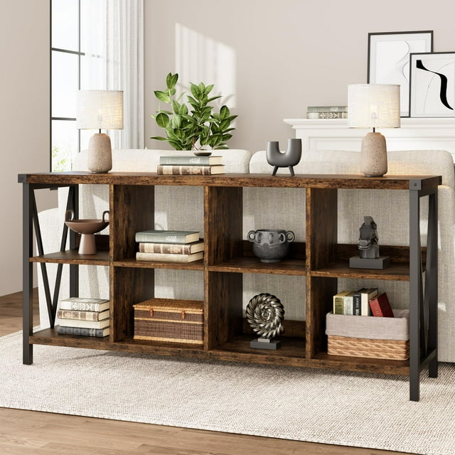 Entryway Console Table, 3 Tier Industrial Sofa Table with 8 Cubes, Behind Couch Table, Hallway Table Storage Organizer for Entry, Living Room and Dining Room