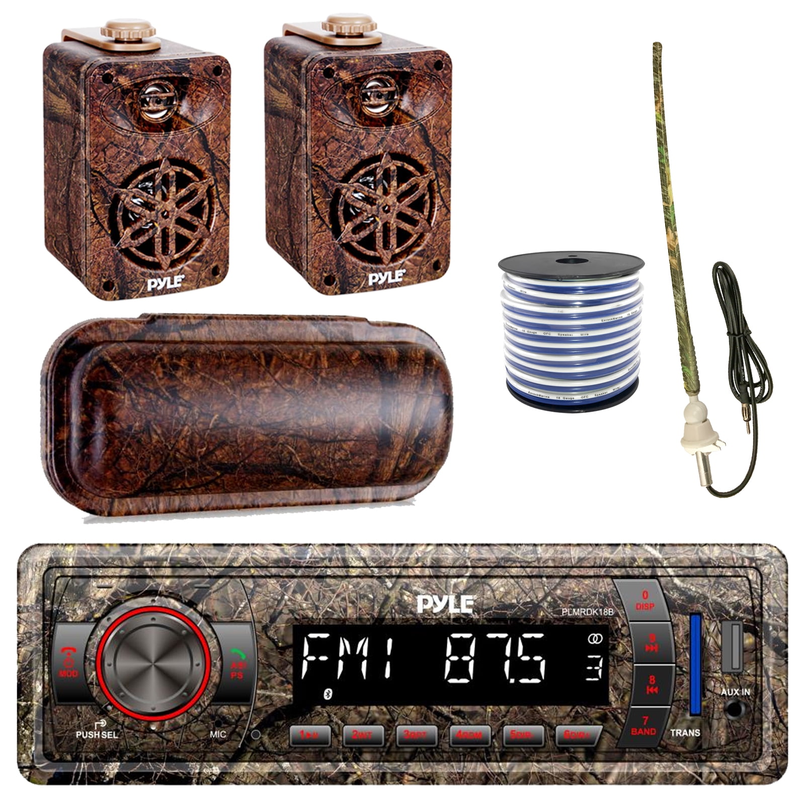 Pyle Marine Single-DIN Bluetooth MP3 USB AUX Camo AM/FM Radio, Pyle 3.5” Wall Mount Indoor / Outdoor 3-Way Camo Speakers (Pair), Stereo Shield Cover, Enrock Camouflage Boat Antenna, 18-G 50 Ft Wire