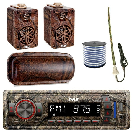 Pyle Marine Single-DIN Bluetooth MP3 USB AUX Camo AM/FM Radio, Pyle 3.5” Wall Mount Indoor / Outdoor 3-Way Camo Speakers (Pair), Stereo Shield Cover, Enrock Camouflage Boat Antenna, 18-G 50 Ft