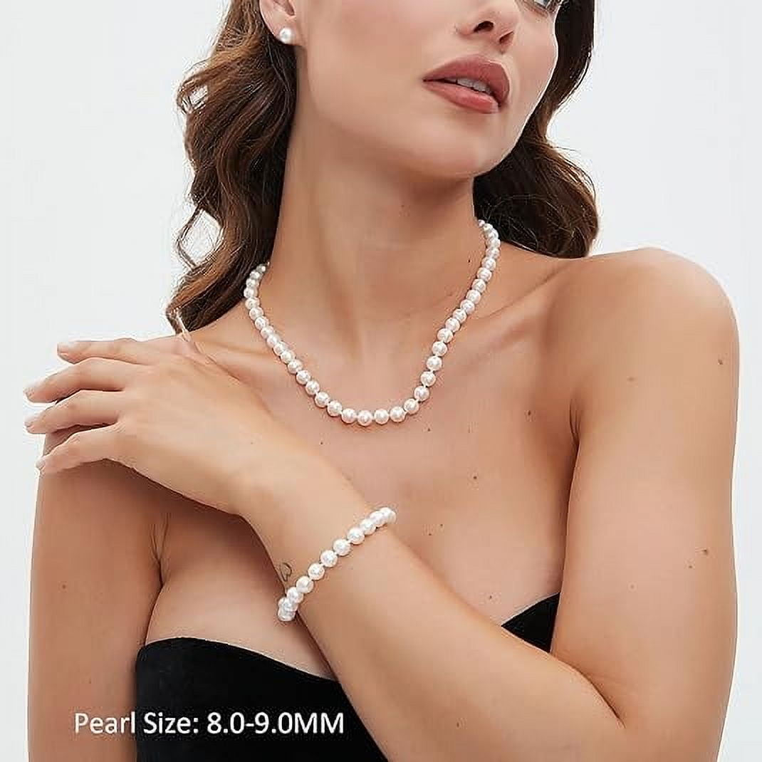 YAMI 7-7.5mm Freshwater Cultured White Pearl Jewelry Set in 925 Sterling Silver Necklace, Earrings & Bracelet  Valentine's Day Gift for Women