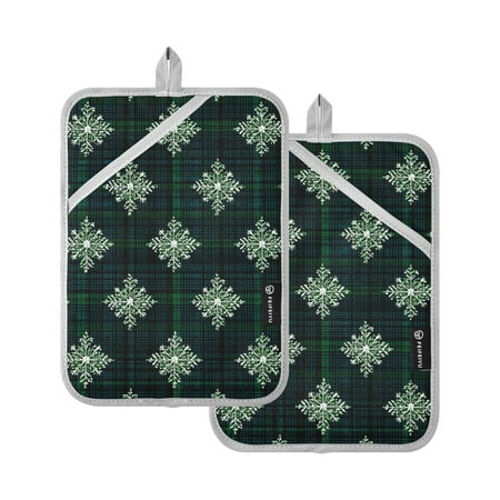 Christmas Snowflakes Dark Green Tartan Plaid Potholders Heat Resistant Pot Holder Set of 2 Oven Hot Pads with Pocket