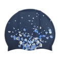 thumbnail image 1 of Gorro de natación impermeable de silicona con estampado floral, 1 pieza, azul marino y blanco, 1 of 5