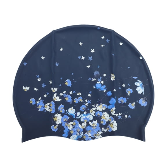 Unique Bargains 1 Pc Silicone Waterproof Floral Print Swim Cap Navy Blue White