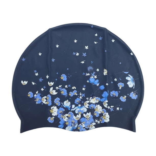 Gorro de natación impermeable de silicona con estampado floral, 1 pieza, azul marino y blanco