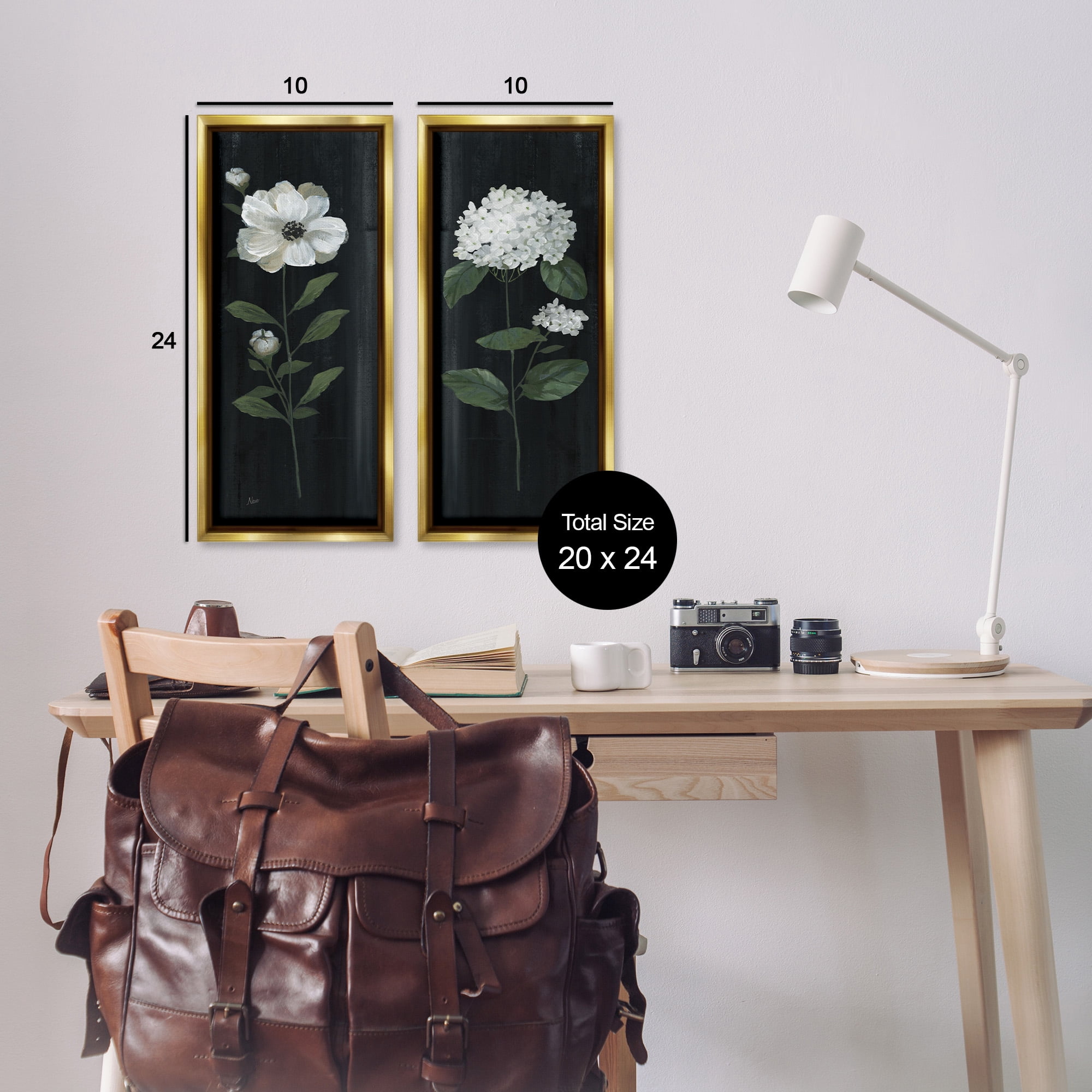 Stupell Industries Delicate White Flower Sprigs Botanical & Floral Painting Gold Floater Framed Canvas Art Print Wall Art, 11 x 25, Set of 2