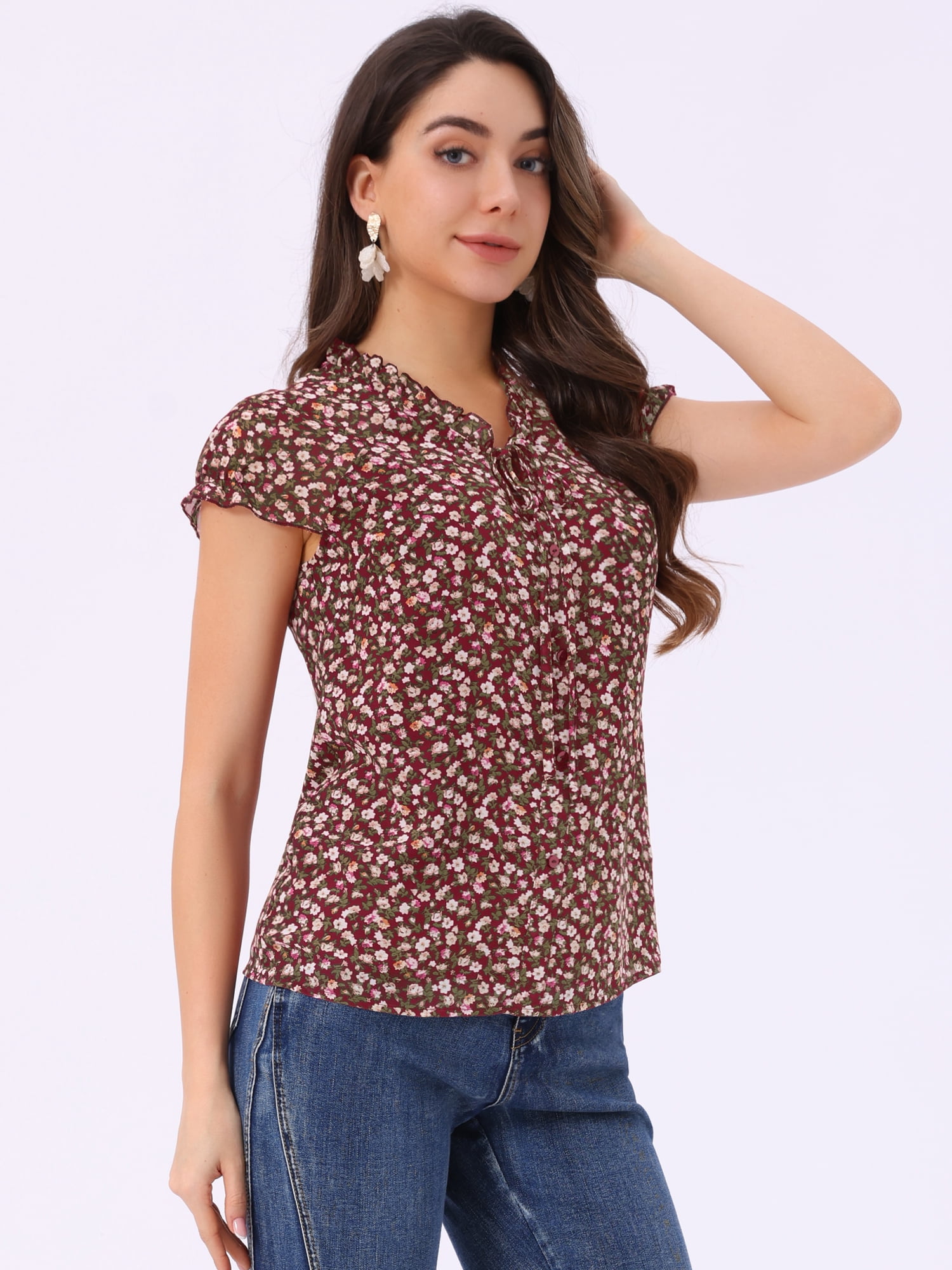 DARING DIVA Women's Ruffle V Neck Cap Sleeve Chiffon Floral Blouse Top S Dark Red