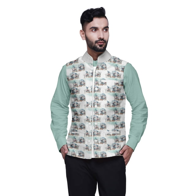 Atasi Casual Jacket For Men Printed Nehru Jacket Mens Wedding Indian Waistcoat Mandarin Blazer-X-Large