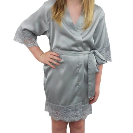 

Women s Gray Silky Lace Trimmed Robe Kimono Bathrobe Wedding Day and Bridesmaid Robe/ size kids 4-6