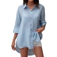 thumbnail image 3 of HUBERY Women Lapel Collar Button Down 3/4 Sleeve High-Low Hem Blouse, 3 of 4