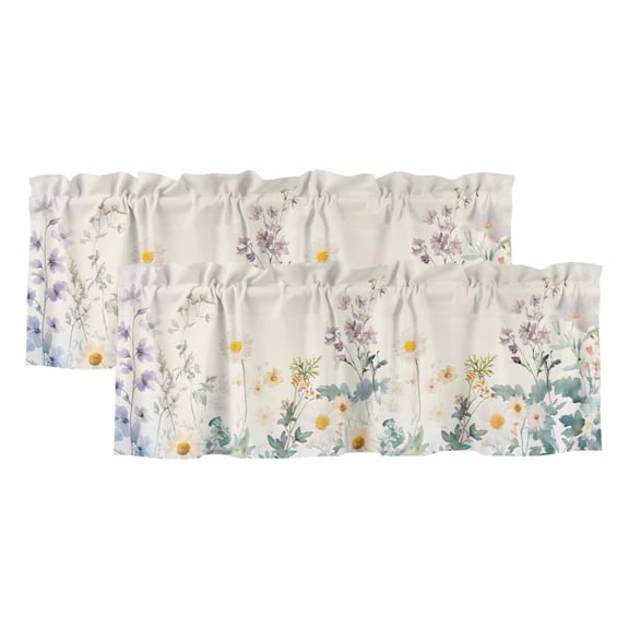 2 Panels Watercolor Flowers Beige Valance for Windows, Spring Summer Retro Botanical Light Filtering Kitchen Curtains, Rod Pocket Window Treatment Curtain Valances for Living Room Bedroom, 54"x18"