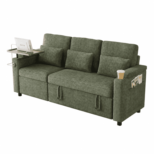81" 3-in-1 Convertible Sofa Bed, Electric Recliner & Sleeper with Table, USB Ports, Storage Armrests, Chenille, 6 Adjustable Positions, Green