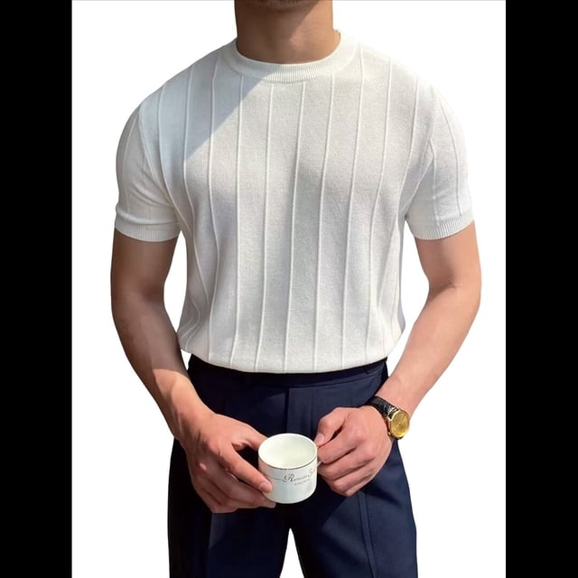 Camiseta Informal de Punto Acanalado de Corta con Cuello Redondo y Bajo Fino para Hombre, Color Liso M