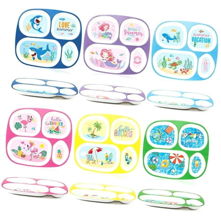 SKYSONIC 6 Pcs 9.4 x 8.2 Inch Dinner Plates for Boys Girls Summer Ocean Themed Plastic Divided Plates Serving Dishes Featuring Sea Pool Flamingo Beach