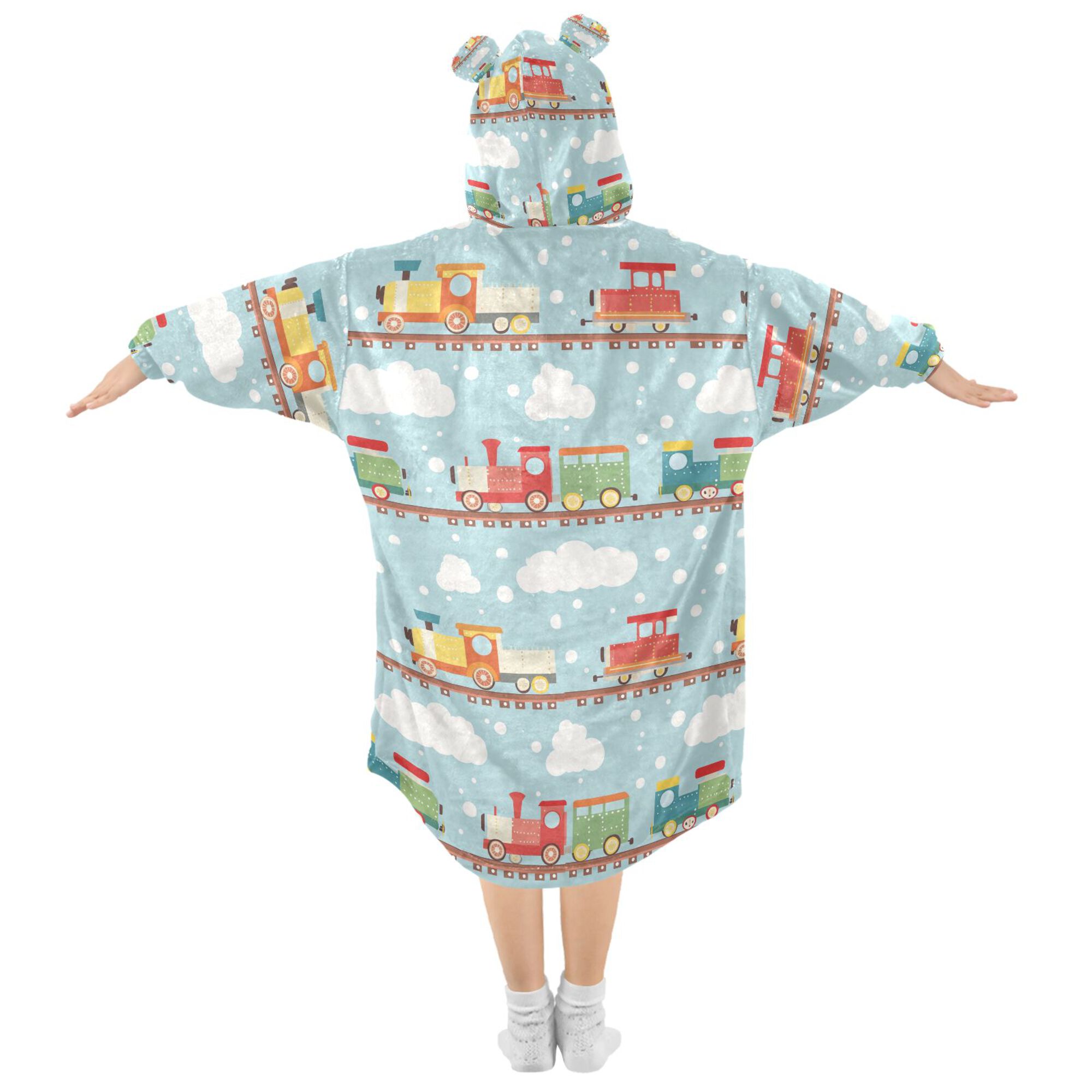 FORMRS Wearable Blanket Hoodie with Sleeves for Kids Cozy Flannel Sweatshirt, Red Trains Pattern