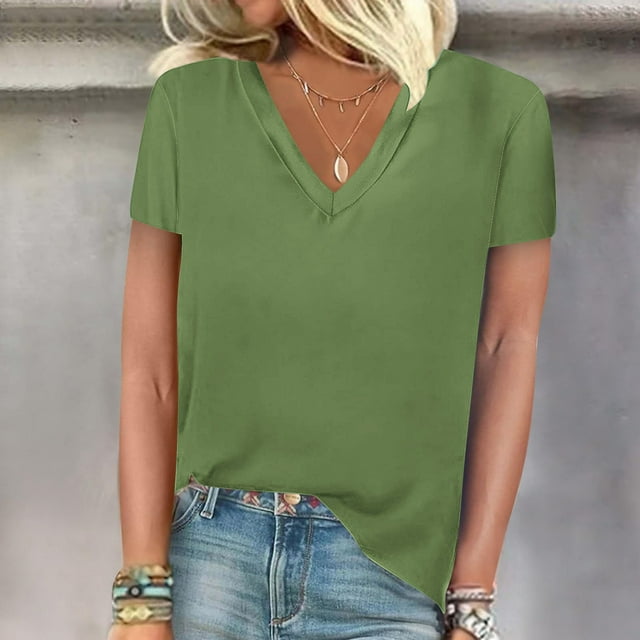AherBiu T-Shirts pour Femmes Col en V Été Manches Courtes Hauts de Sortie Légers Basiques Unis T-Shirt Blouses