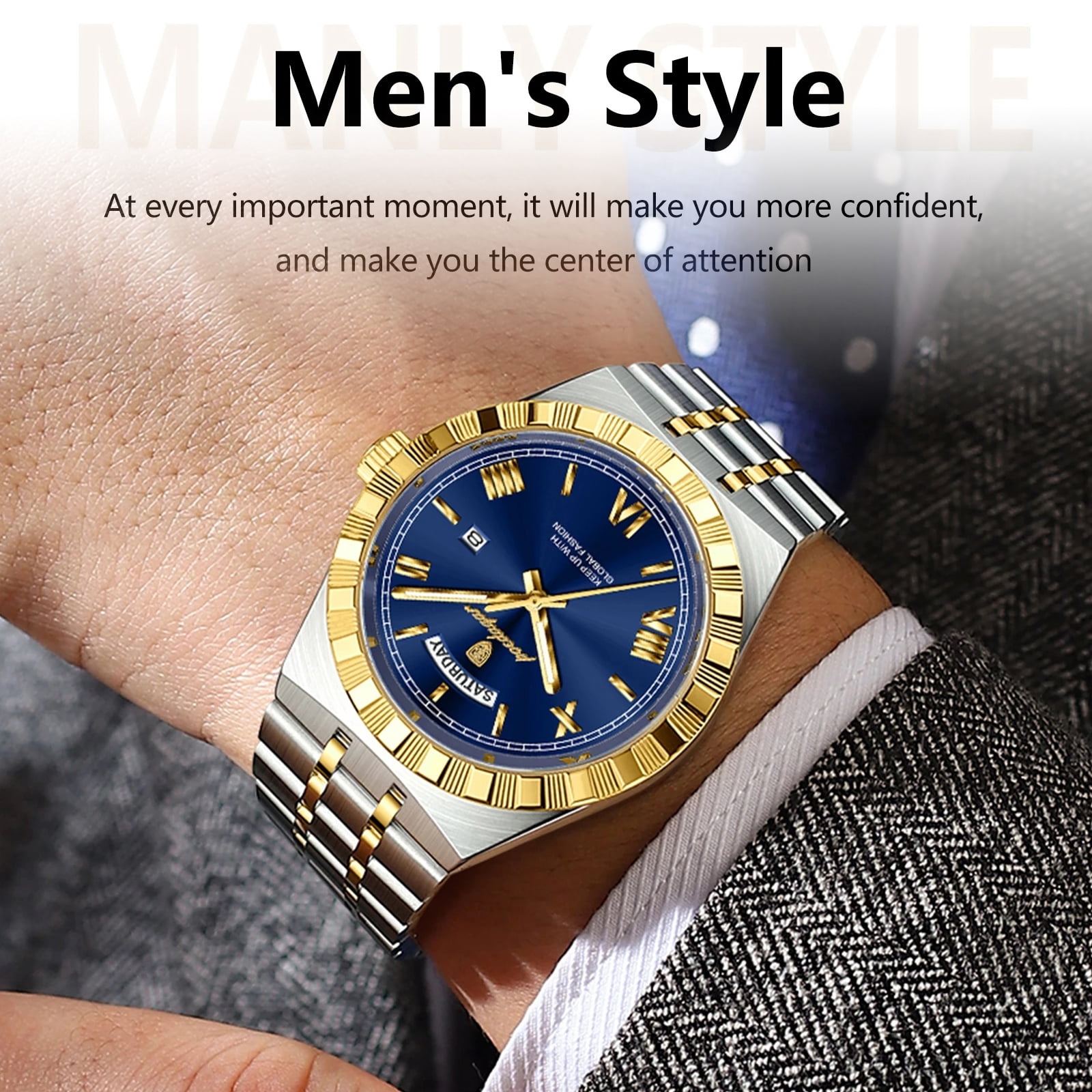 POEDAGAR Luxury Men's Waterproof Luminous Wrist Watch with Date Week Display Stainless Steel Strap