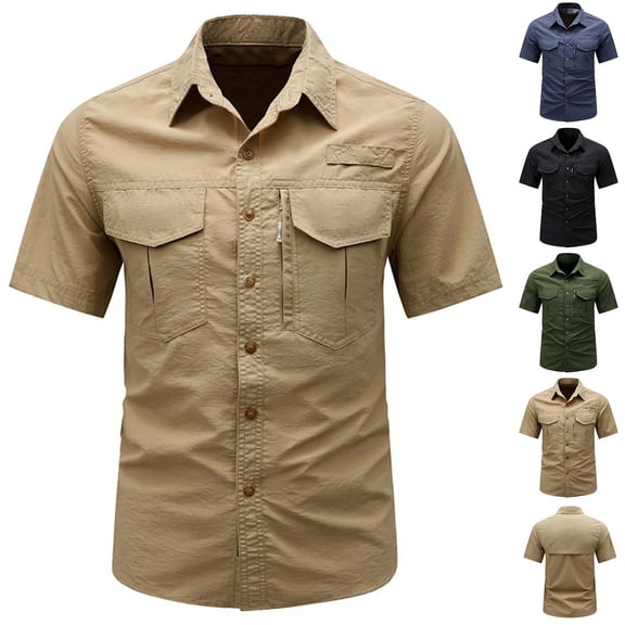 Miluxas Men's Fishing Shirt Sun Protection Short Sleeves Button Down Casual Hiking Work Summer Travel Khaki XL(XL)