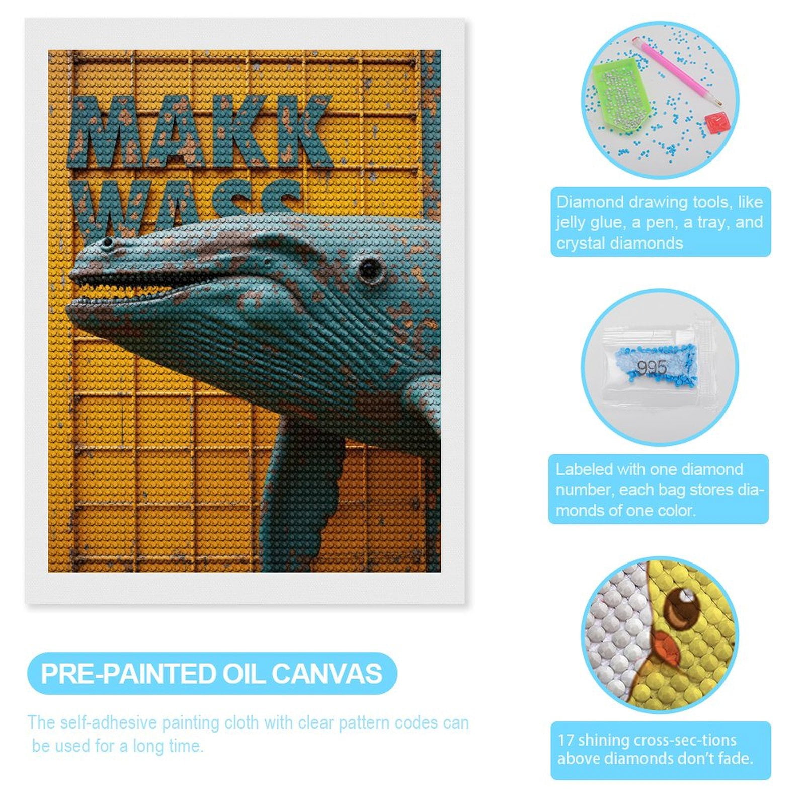 Diamond Art Kits for Adults, Blue Whale Sculpture Against Yellow 5D Diamond Painting Kits for Adults Beginners, DIY Full Drill Diamond Painting, Gem Art and Crafts 12x16