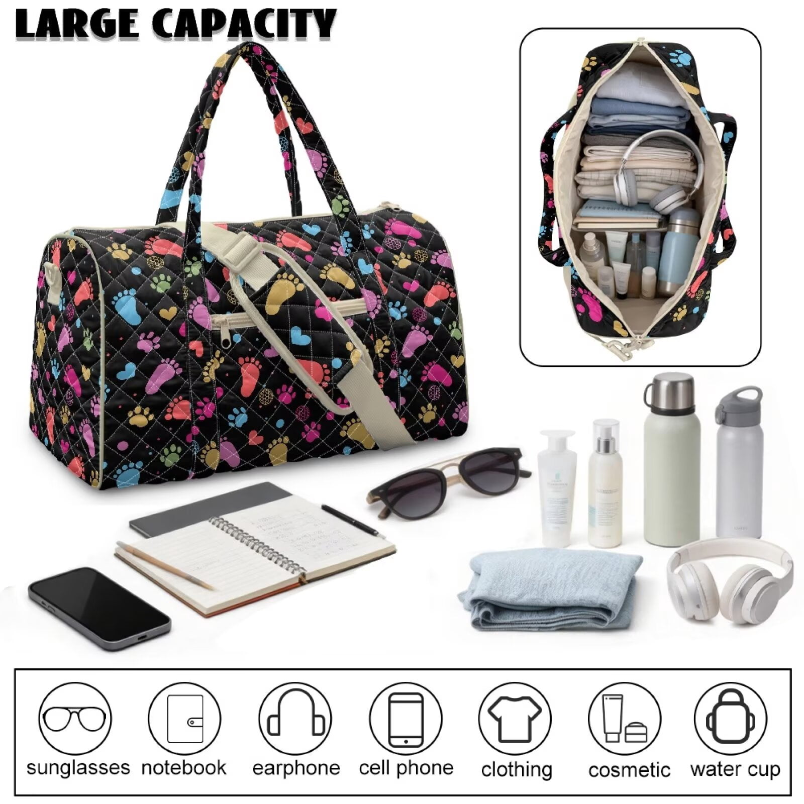 Pzuqiu Quilted Weekender Bag for Women, Large Capacity Puffy Duffle Bag with Colorful Paw Print, Lightweight Portable Carry-On Travel Tote Overnight Bags for Trips, Gym, Hospital