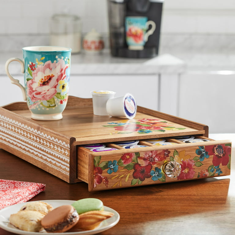 The Pioneer Woman Wildflower Whimsy 4-Compartment Wood Coffee Pod  Organizer, Floral 
