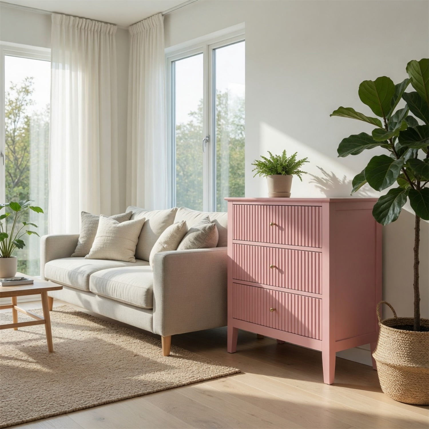 Hommoo 32"W Wooden Fluted 3-Drawer Nightstand, Large Modern Bedroom End Table, Pink