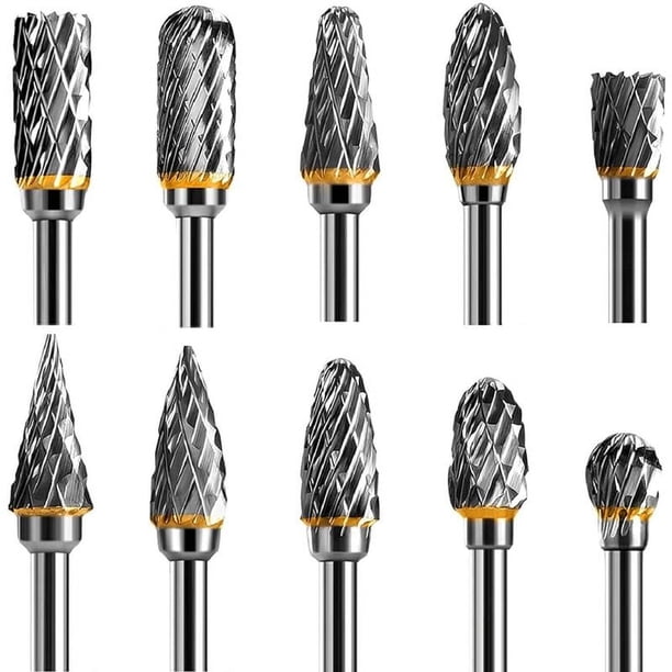 Juego de 10 fresas rotativas de acero de carburo de tungsteno de doble filo, con vástago de 1/8", para herramientas rotativas de bricolaje, tallado en madera, pulido de metales, grabado y