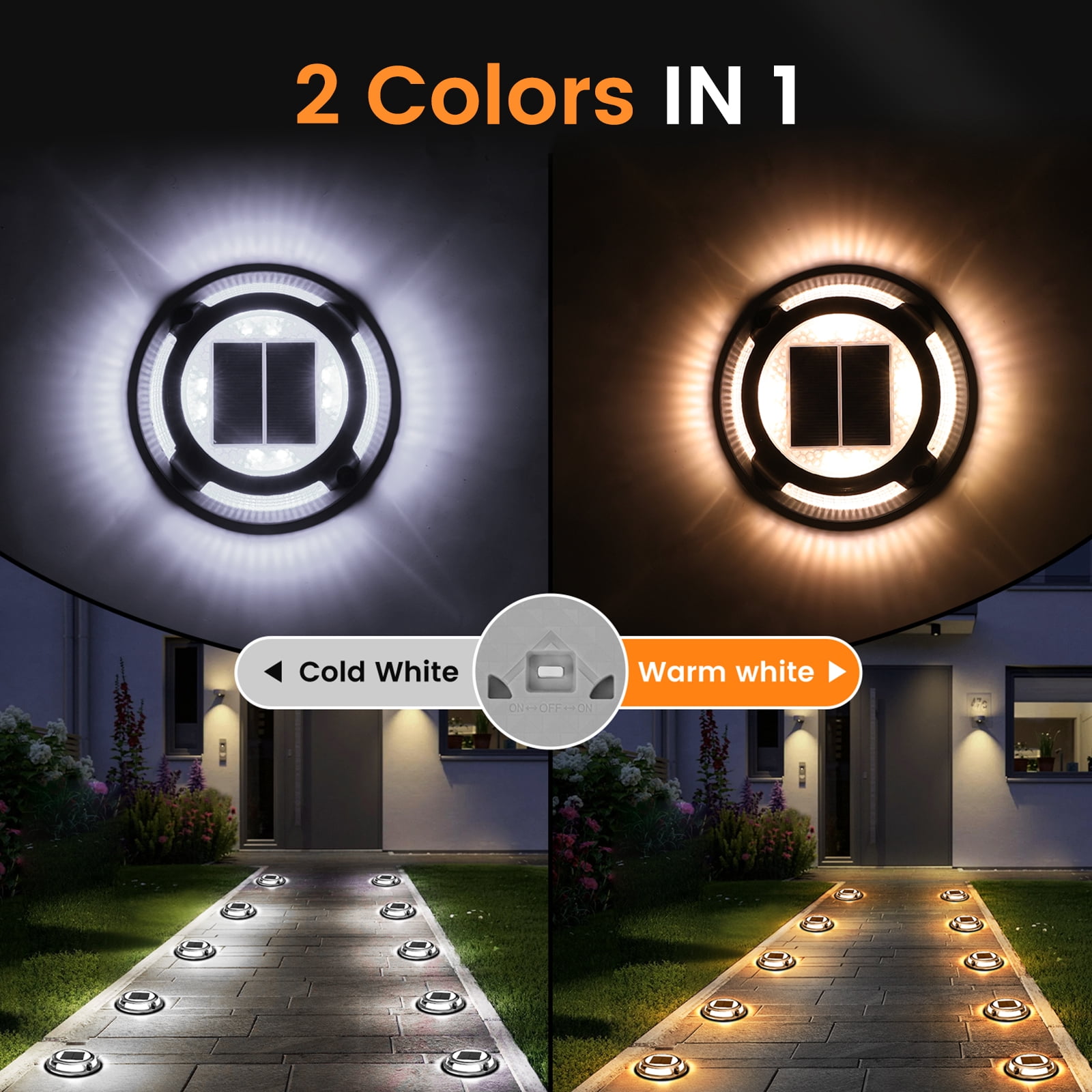 Aship 4 Pack Solar Deck Lights, 2 Colors in 1 Warm+Cool White Solar Lights Outdoor, IP68 Waterproof Dock Lights Step Lights, Aluminum Solar Lights for Garden Driveway Stair Path Walkway