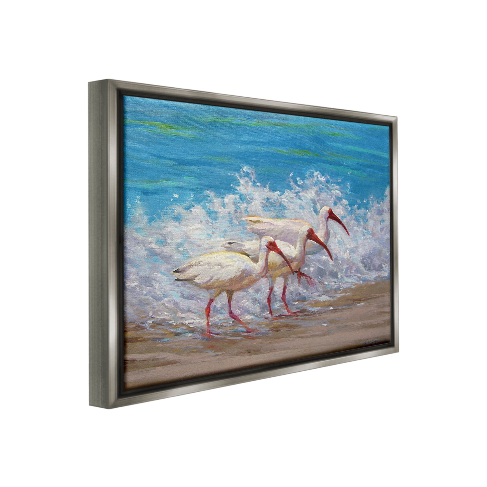 Stupell Industries Splashing Sea Birds Animals & Insects Painting Gray Floater Framed Canvas Art Print Wall Art, 21 x 17