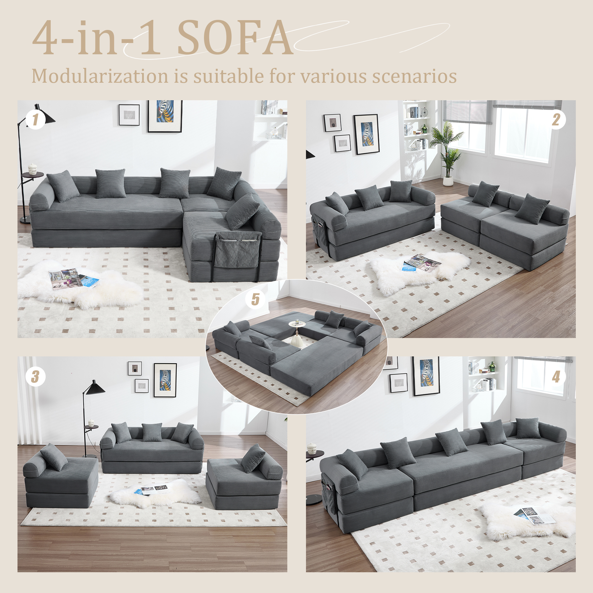 MOONMISS Corduroy Upholstered Convertible Folding Sofa Bed with Fixed Frame and Pillow Back Handrail-Gray