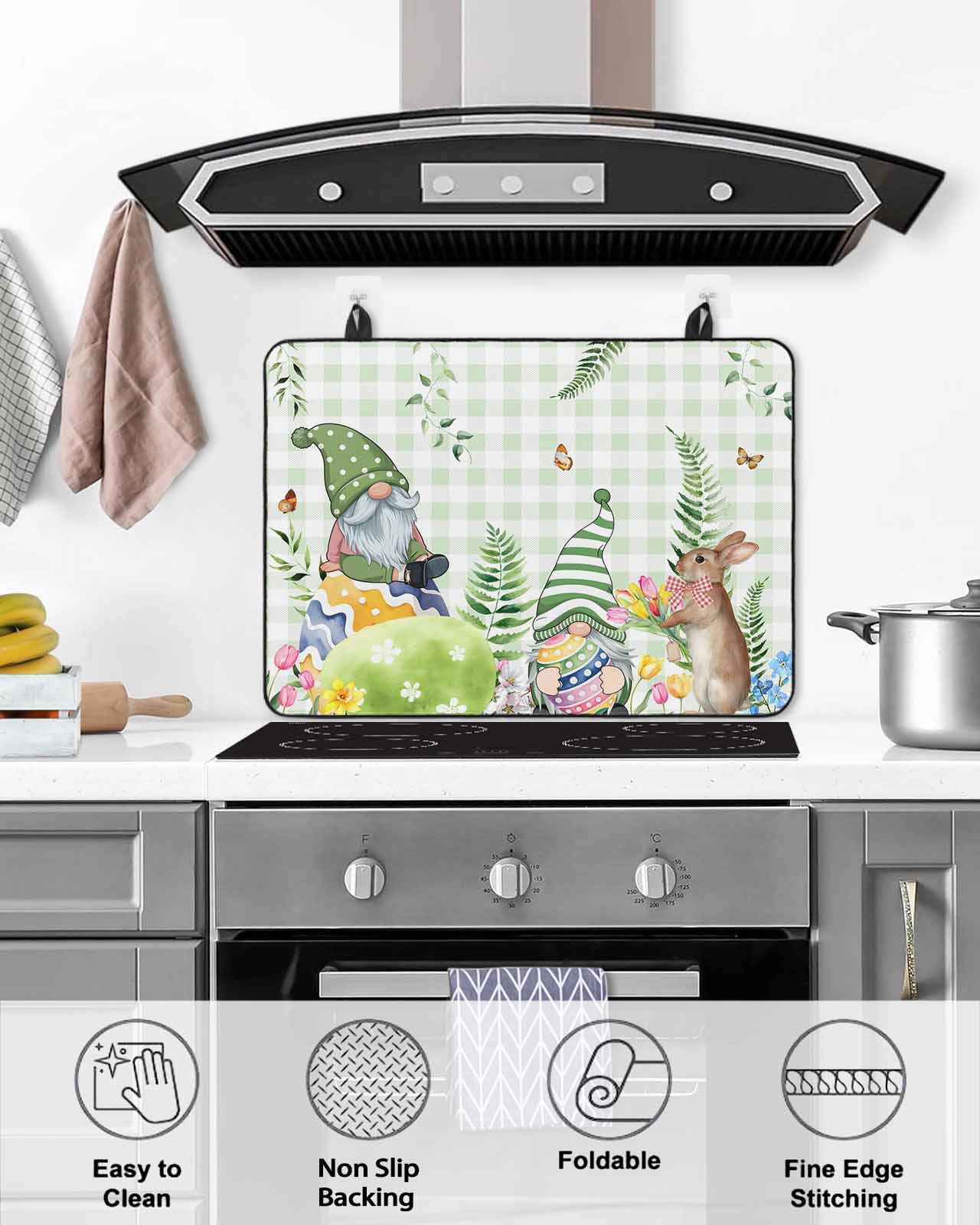 Large Induction Cooktop Protector Mat Green Easter Stove Top Covers for Electric Stove, Checkered Eggs Gnomes Bunny Elegant Pastoral Decorative Stove Burner Cover Mats, Glass Top Stove Cover