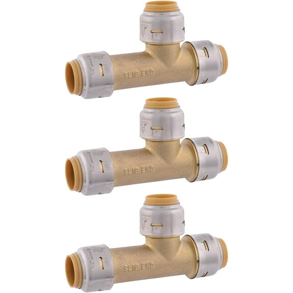 SharkBite Max 1/2 Inch Slip Tee, Pack of 3, Push to Connect Brass Plumbing Fitting, Copper and CPVC, UR3362