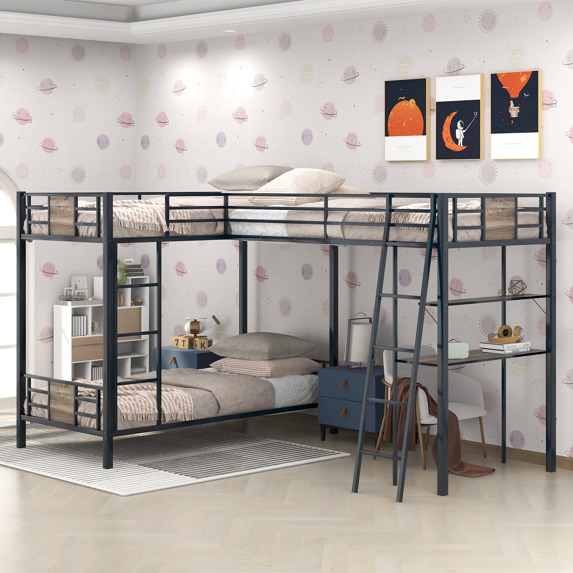 Metal Triple Bunk Bed,LShaped Bunk Bed Frame with Desk and Shelf for 3 , Twin & Twin Over Twin