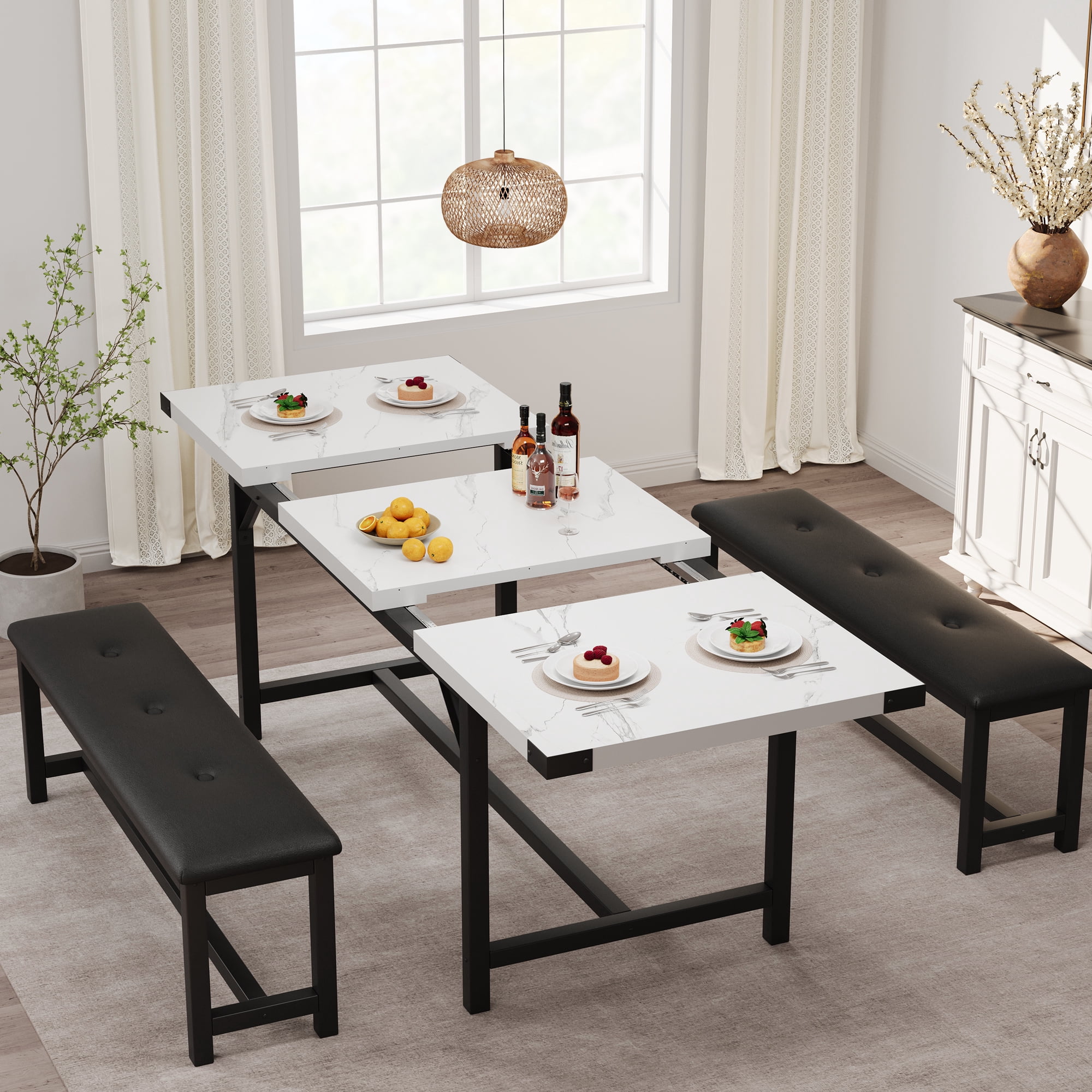 Extendable Dining Table Set for 4 to 6 People, Industrial Wood Table with 2 Upholstered Benches, Metal Corner Protectors for Small Space Apartment