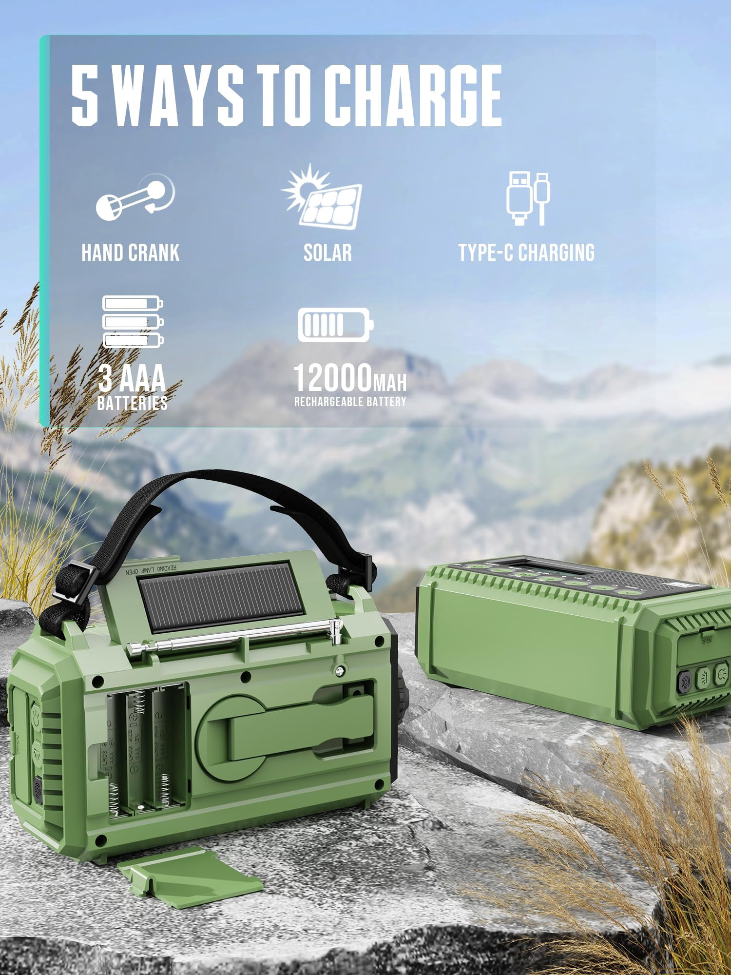 12000mah Emergency Radio - Auto Noaa Weather Alert  Solar Hand Crank Am/fm/sw/noaa Flashlight Phone Sos Siren Kit For Camping Storms Power Outages