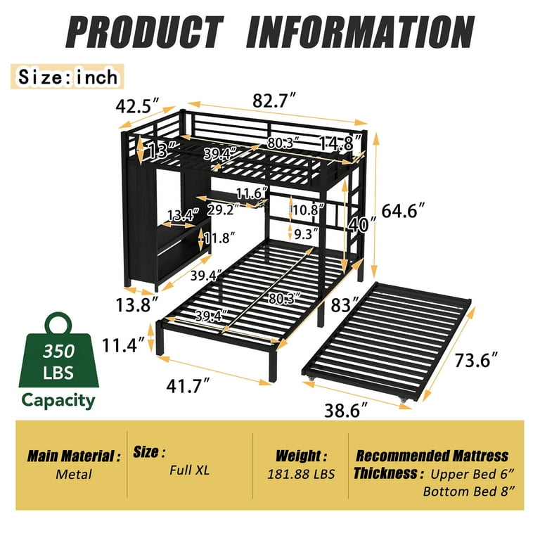 yunn⭐︎kids LIFE QZYeYun Twin over Twin Metal Bunk Bed with Built-in Wardrobe and