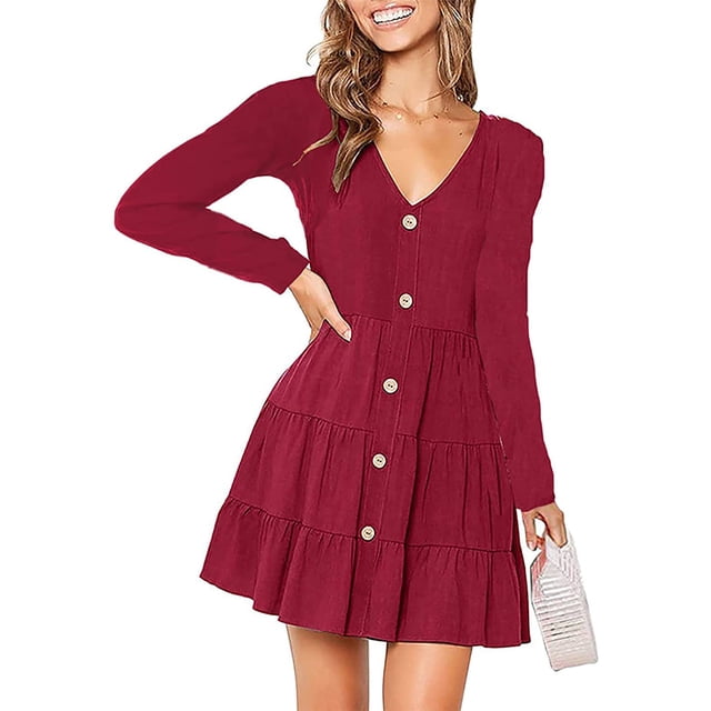 Vestido de mujer Vestido de manga larga con cuello en V Mezcla de algodón Ropa informal Botón Ropa plisada, Rojo vino, L seitruly AP003993-21