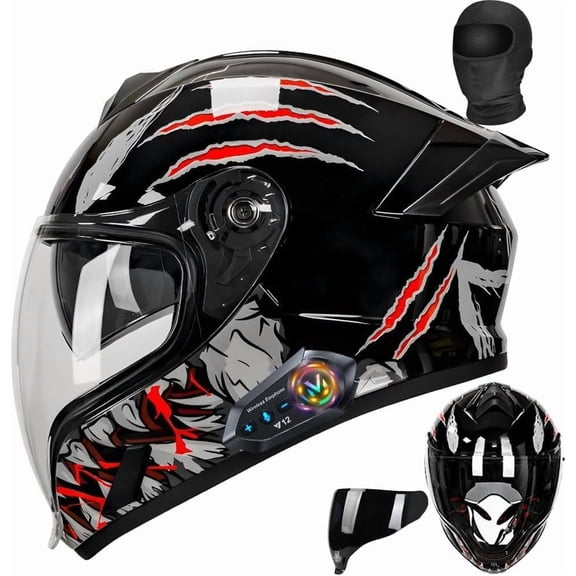 Bluetooth Modular Motorcycle Helmet Full Face DOT Approved High Impact ABS Shell Dual Visor Removable Padding Glasses Channel for Adults