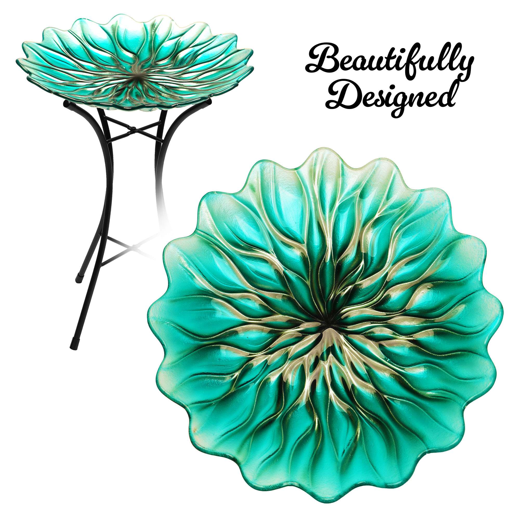 G128 19 Inch Height Glass Bird Baths with Metal Stand | Decorative Green BirdBaths Bowl Outdoor Garden Bird Feeder