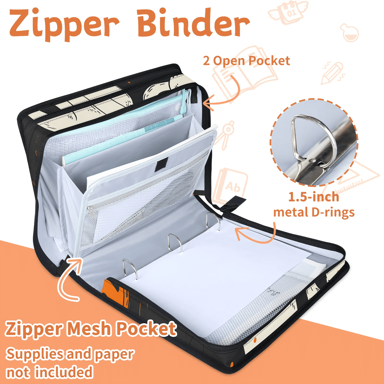 Herdesigns Halloween Pumpkin Zipper Binder 1.5 Inch 3 D-Rings with Shoulder Strap & Handle, Waterproof Black White Cat Binder Organizer Bag for 13 Inch Laptop