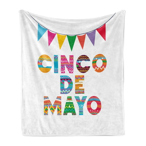 Cinco de Mayo Soft Flannel Fleece Throw Blanket, Hispanic Vivid Ornamental Letters and Colorful Flags on Plain Background, Cozy Plush for Indoor and Outdoor Use, 50" x 70", Multicolor, by Ambesonne