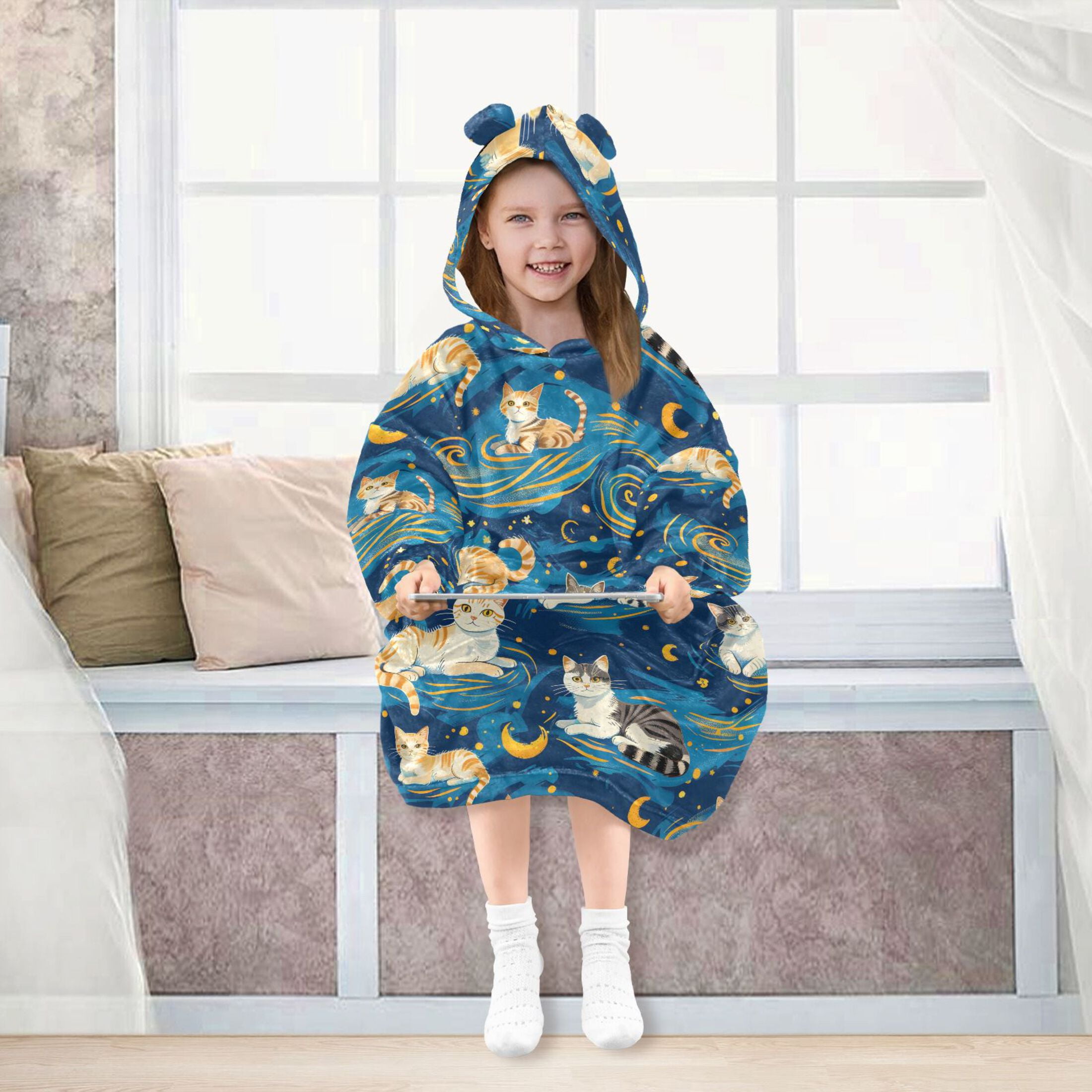 Dailycode Wearable Blanket Hoodie Oversized Sherpa Flannel Blankets with Pocket for 3-14 Year Old Cartoon Cats and Starry Sky
