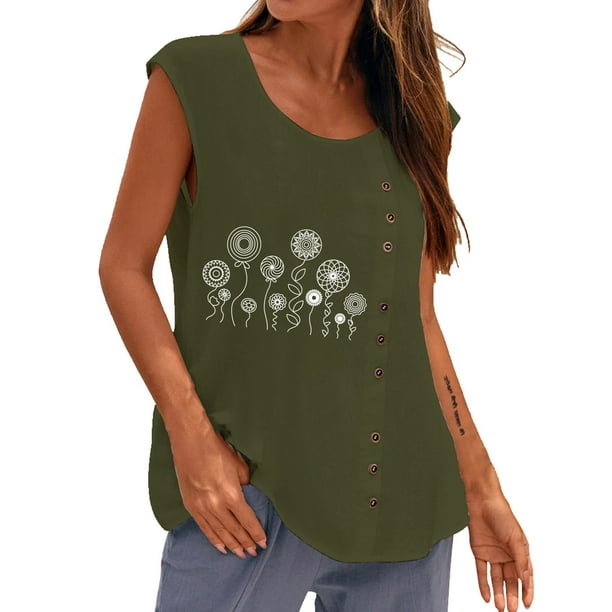Mujer Verano Casual Sin mangas Botón Chaleco Cuello redondo Blusa suelta Active Top Mujer Fridja gh2489