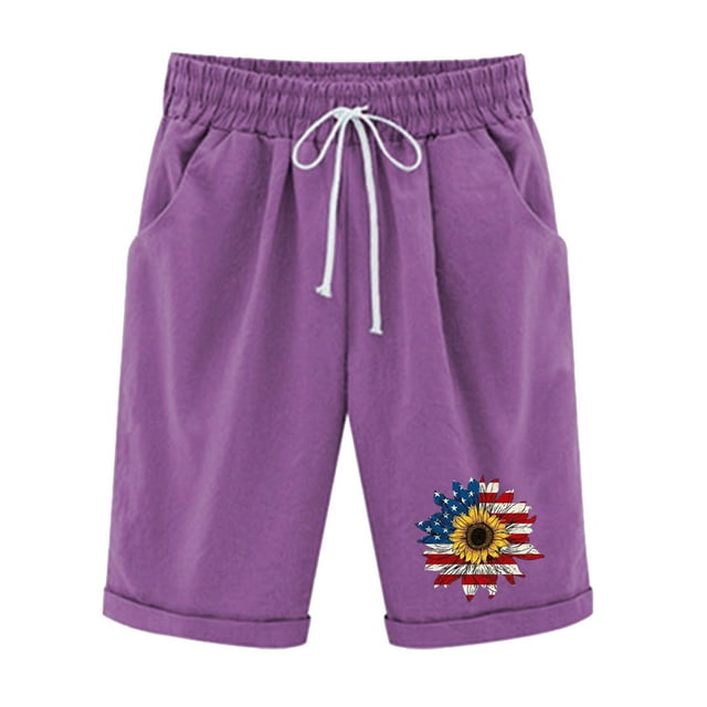 Pantalones Cortos Casuales para Mujer Día de la Independencia Impreso Elástico de la Cintura, Pantalones Cortos de Verano para Mujeres