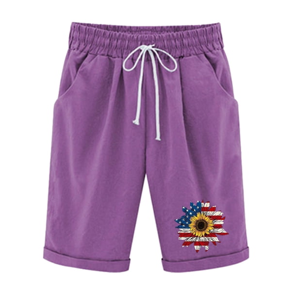 Pantalones Cortos Casuales para Mujer Día de la Independencia Impreso Elástico de la Cintura, Pantalones Cortos de Verano para Mujeres