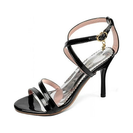 

IELGY Women s stiletto sandals round toe stiletto microfiber leather cross straps buckle