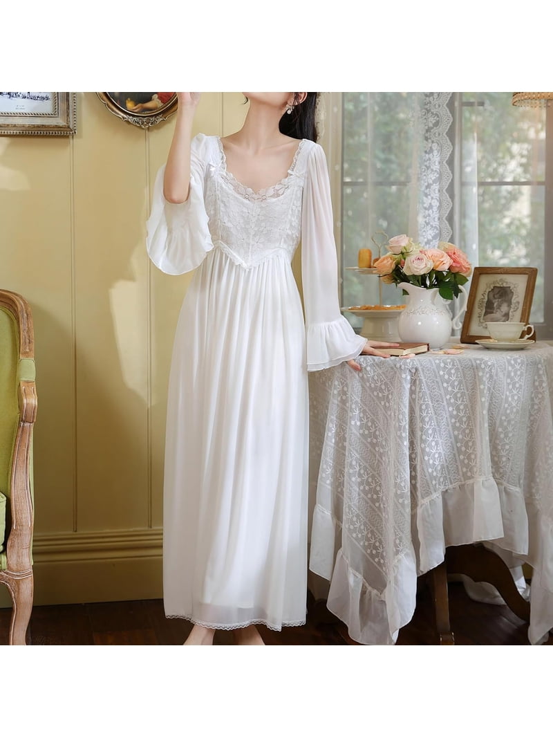 cute long sleeping dress YeJammarp Womens Fuzzy Nightgown Cute Ruffle Long Sleeve Sleep Dress Doll Collar Vintage Long Loungewear Dresses Gray, L, Women's, Size: Large