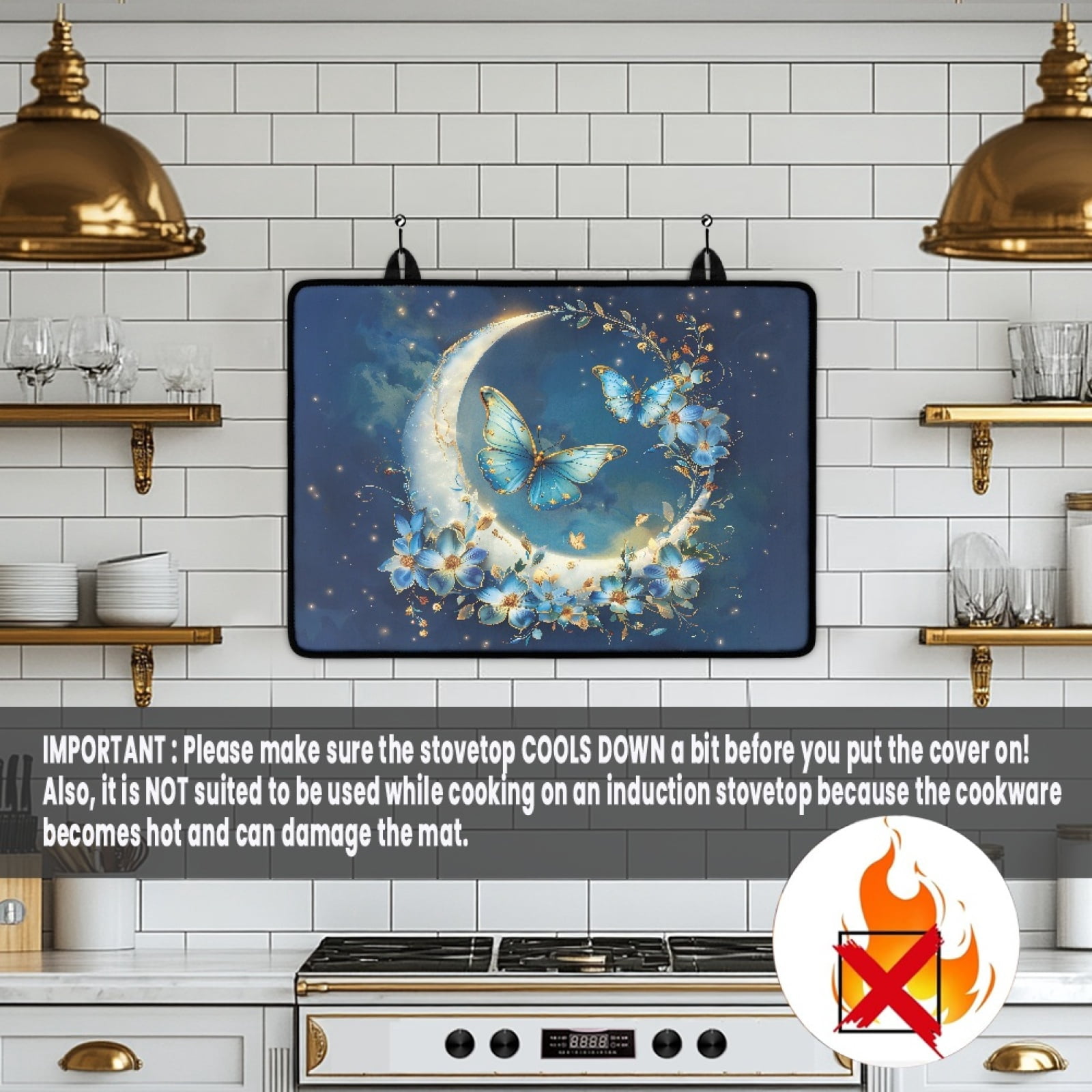 SEANATIVE Glass Top Stove Cover Electric Stove Mat Electric Ceramic Stovetop Cover Oil-proof Washer Dryer Top Protector Scratch Resistant Cooktop Protector, Blue Butterfly Flower Moon