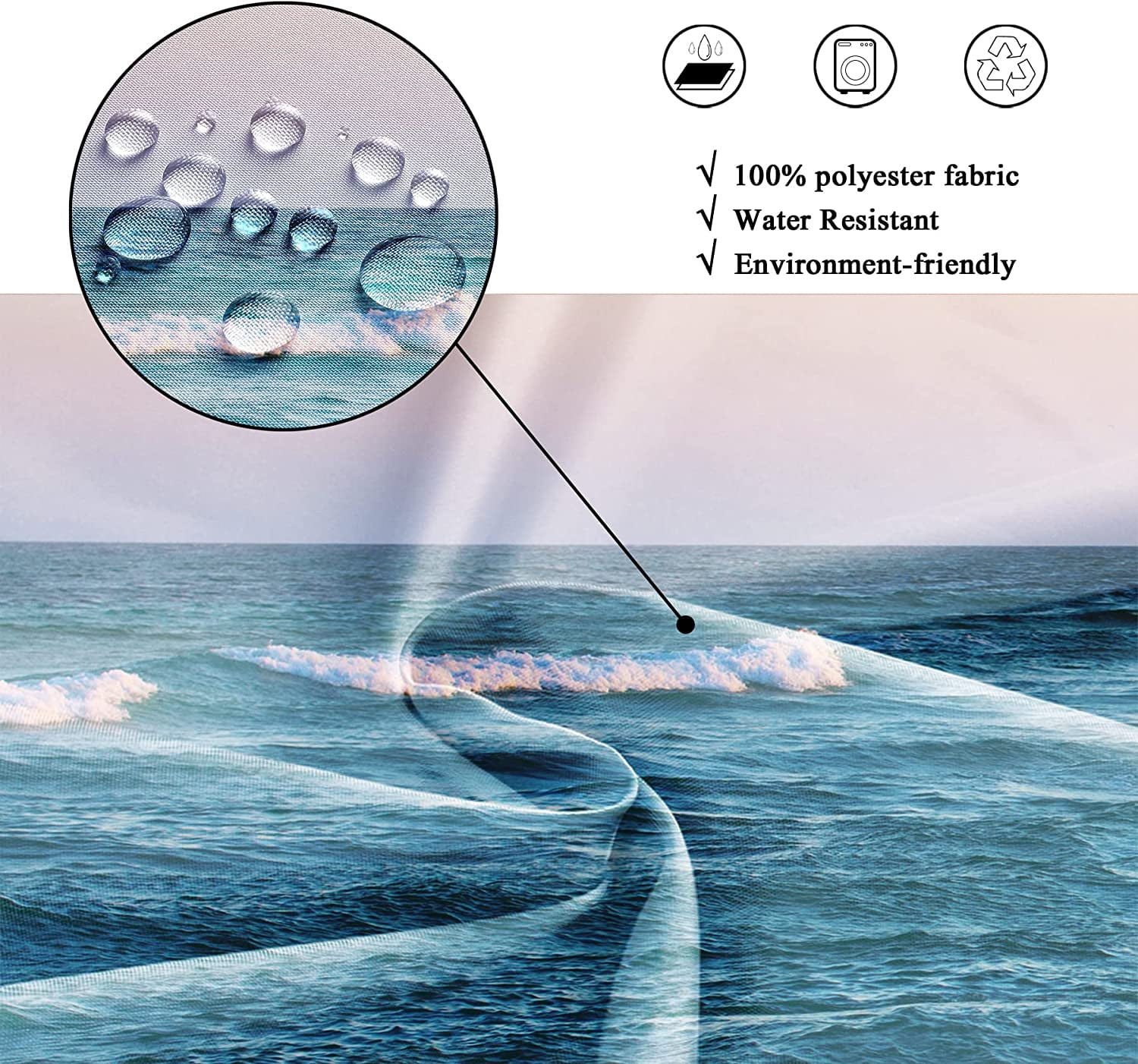 Beach Sea Shower Curtain for Bathroom Decor 72Wx72H Ocean Waves Blue Pink Tropical Coastal Seaside Scene Island Hawaiian Art Printed Fabric Polyester Waterproof 12 Pack Plastic Hooks
