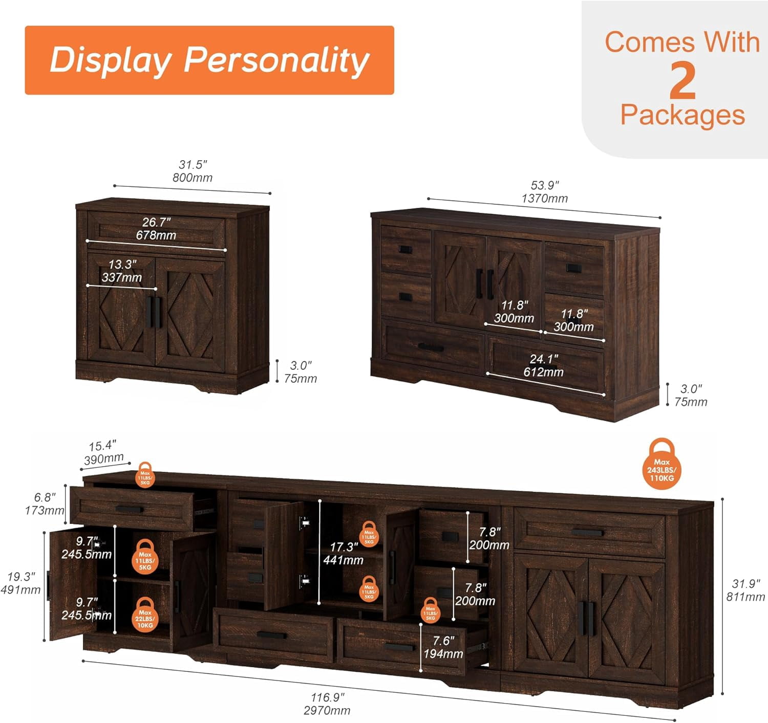 WAMPAT 117"W Large TV Stand,3-in-1 Farmhouse Entertainment Center with Storage Barn Door Cabinet,TV Console Table With Media Cabinet and Drawers for Living Room,Bedroom,Rustic Brown