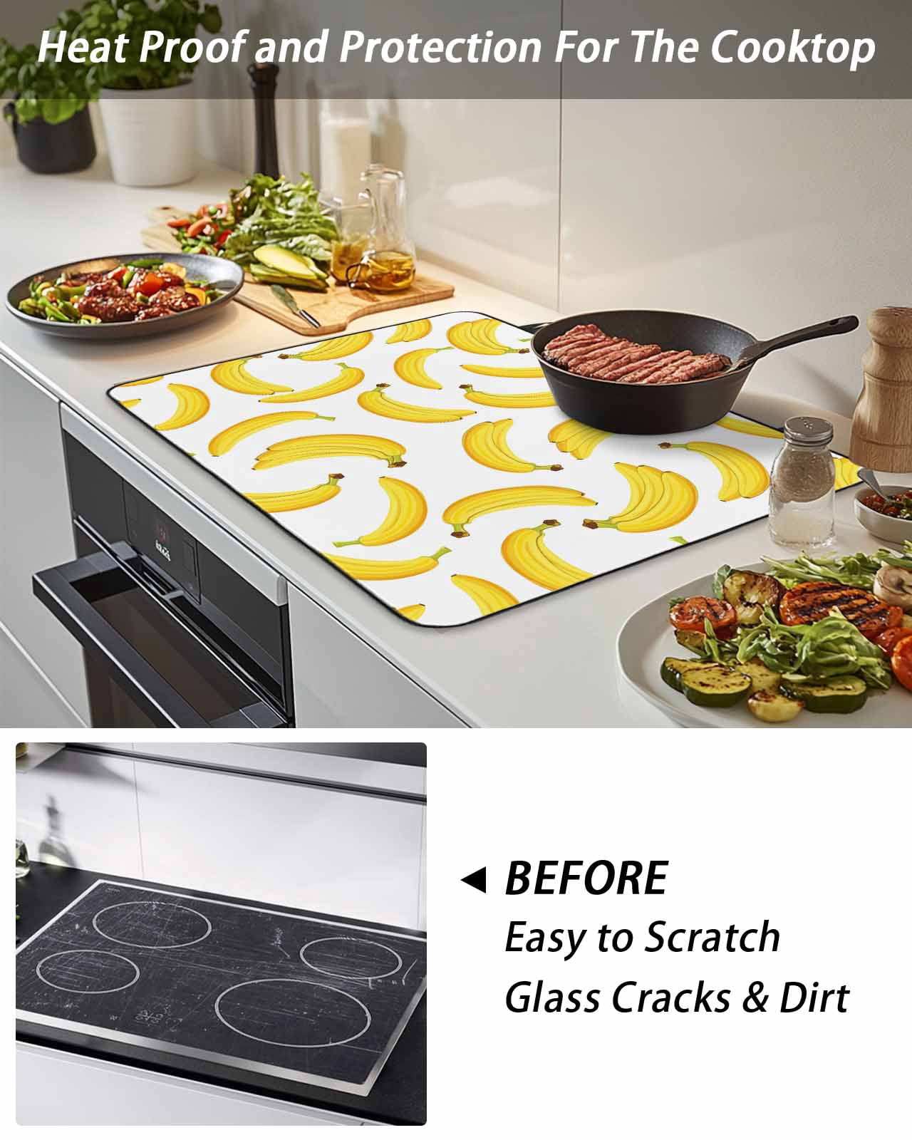 Stove Top Covers for Electric Stove, Yellow Banana Glass Stovetop Cover Protector, Summer Tropical Fruits Watercolor Induction Cooktop Protector Oven Mat for Kitchen Countertop 24"x21"